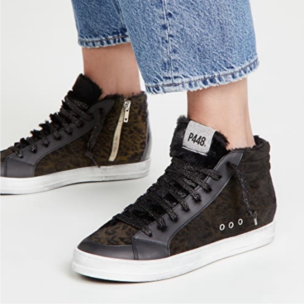 P448 Skate Boster Black Leopard Print Suede FurLined High‎ Top Sneakers 39